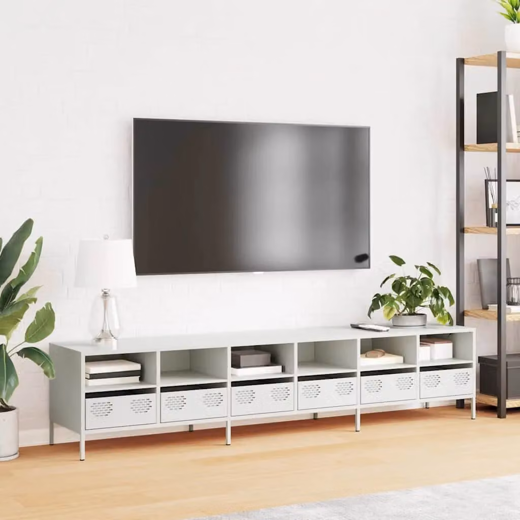 Berkfield Home White TV Cabinet in Matt Cold-rolled Steel, W: 202 cm, D: 43.5 cm, H: 43.5 cm – 3