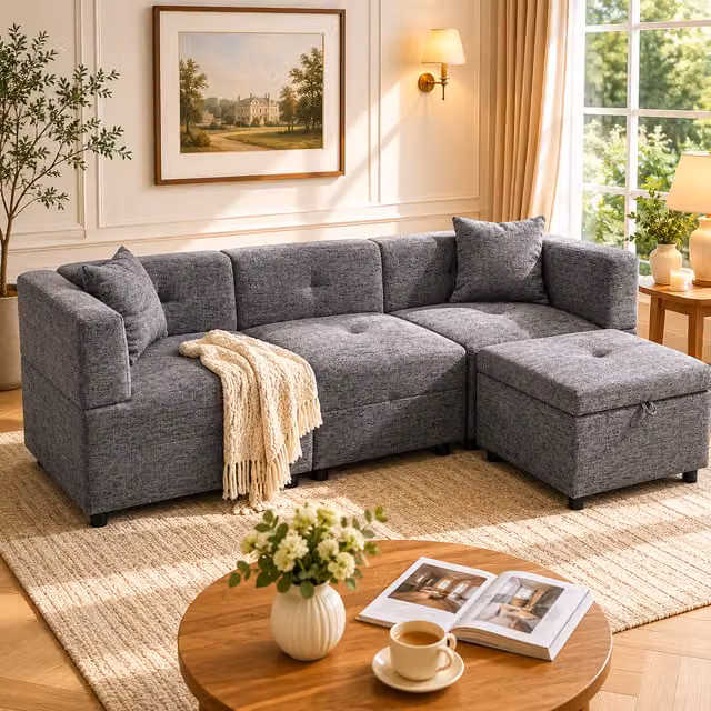 Aosom.UK Grey L-Shaped Sectional Fabric Sofa with Reversible Design, Removable Storage Ottoman and 2 Pillows, W/D/H: 204 x 68 x 69 cm
