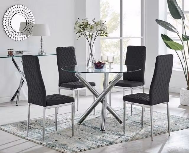 FurnitureboxUK Selina Chrome Round Glass Dining Table and 4 Milan Black Dining Chairs – 1