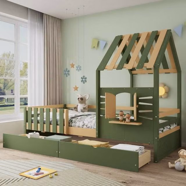 Rolipo Green Wooden Children's House Bed with Drawers, W/D/H: 90 x 190 cm – 1