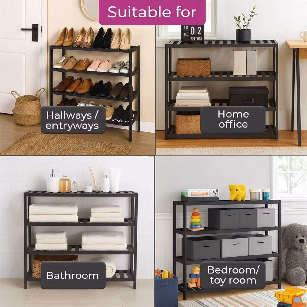 Nordara Black 4-Tier Bamboo and Metal Shoe Rack for Hallway Storage, W/D/H: 70.0 x 25.0 x 67.0 cm – 4