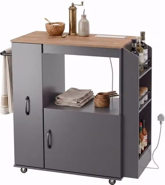 HOMCOM Modern Grey Rolling Kitchen Trolley with Power Outlet – 1