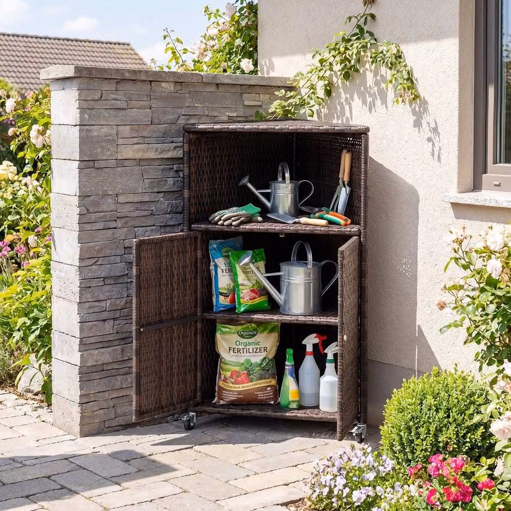 KORVIXA Brown Rattan Outdoor Corner Storage Cabinet with Hinged Doors and Internal Shelves, W/D/H: 100 x 100 x 100 cm – 2