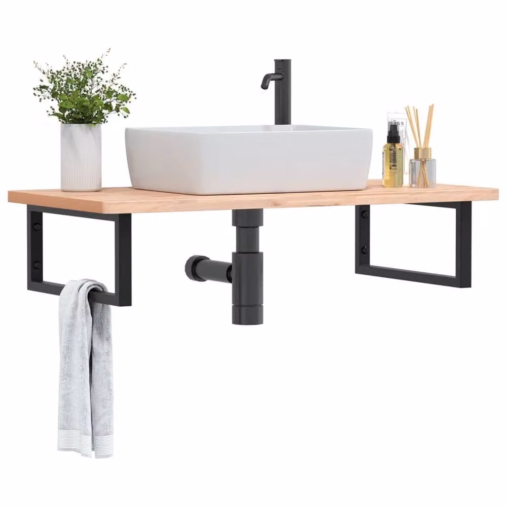 Berkfield Home Elegant Wall Mounted Industrial Basin Shelf in Brown Steel and Solid Beech Wood