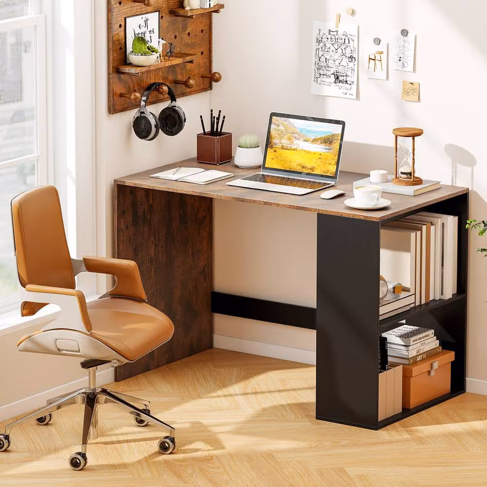 Gymax Wooden Writing Desk with Two Open Shelves and Legroom in Brown – 3