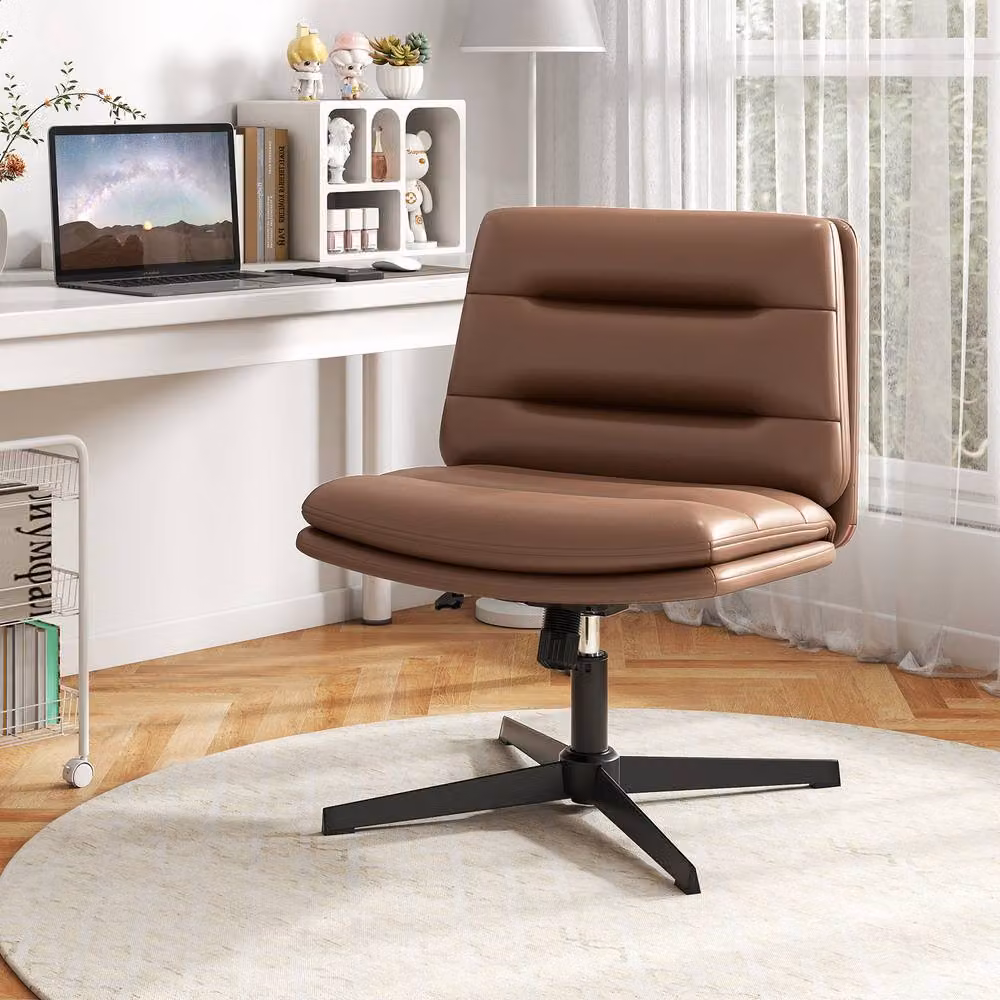 Gymax Height Adjustable Mid-Back Cross Legged Makeup Vanity Chair in Brown – 9