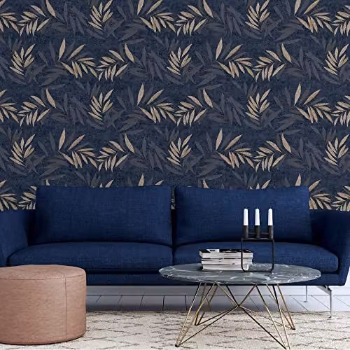 Arthouse Luxury Leaf Navy Champagne Botanical Floral Heavyweight Vinyl Wallpaper – 3