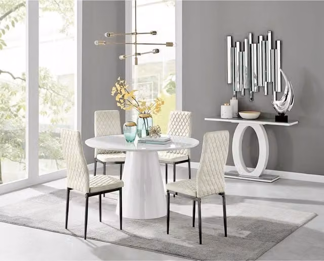 FurnitureboxUK Palma White High Gloss Round Dining Table and 4 Cream Velvet Milan Chairs with Black Legs