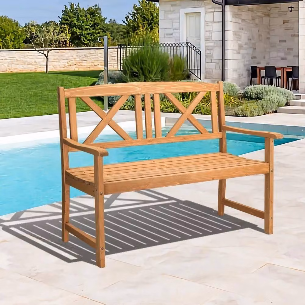 EONLION 2 Seater Outdoor Wooden Garden Bench in Brown with Armrests and Cushions – 4