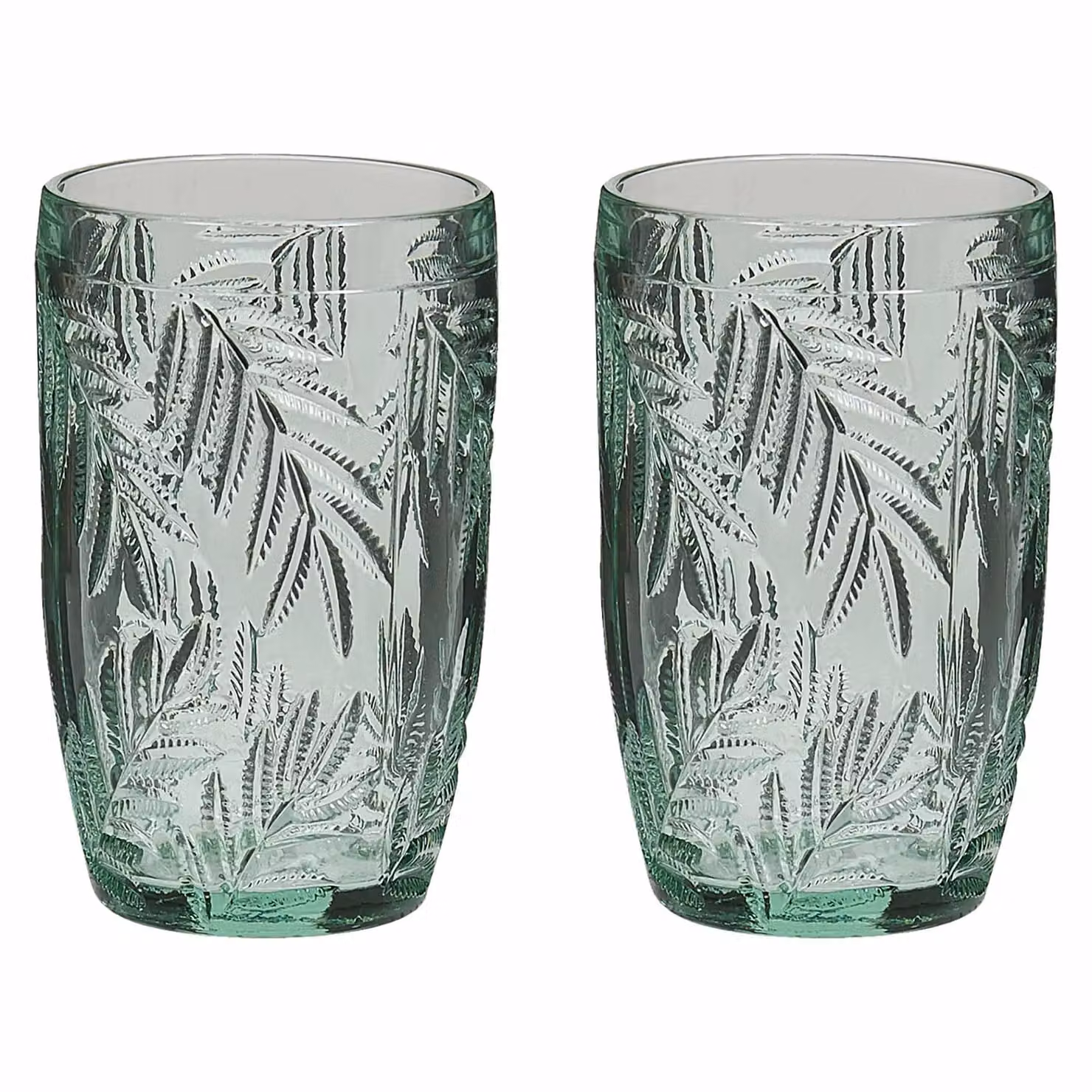 Dibor Set of 2 Laurier Green Embossed Leaf Tall Tumbler Drinking Glasses, 380ml per glass – 2