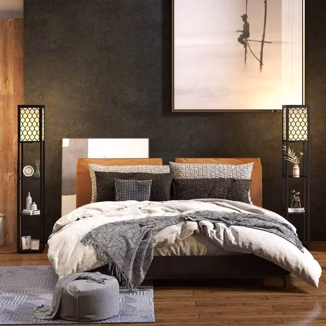 HOMCOM Set of 2 Modern Black Floor Lamps with 3 Wood Shelves and Fabric Lampshades