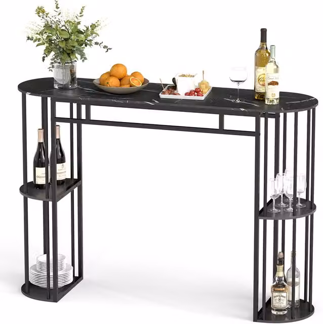 Costway Modern Narrow Pub Bar Table with Grey Marble Tabletop and Metal Frame, Width: 150 cm