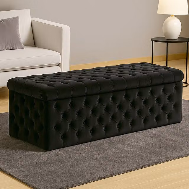 R&M Furnishers Wide Lux Chesterfield Ottoman Storage Box in Black Plush Velvet