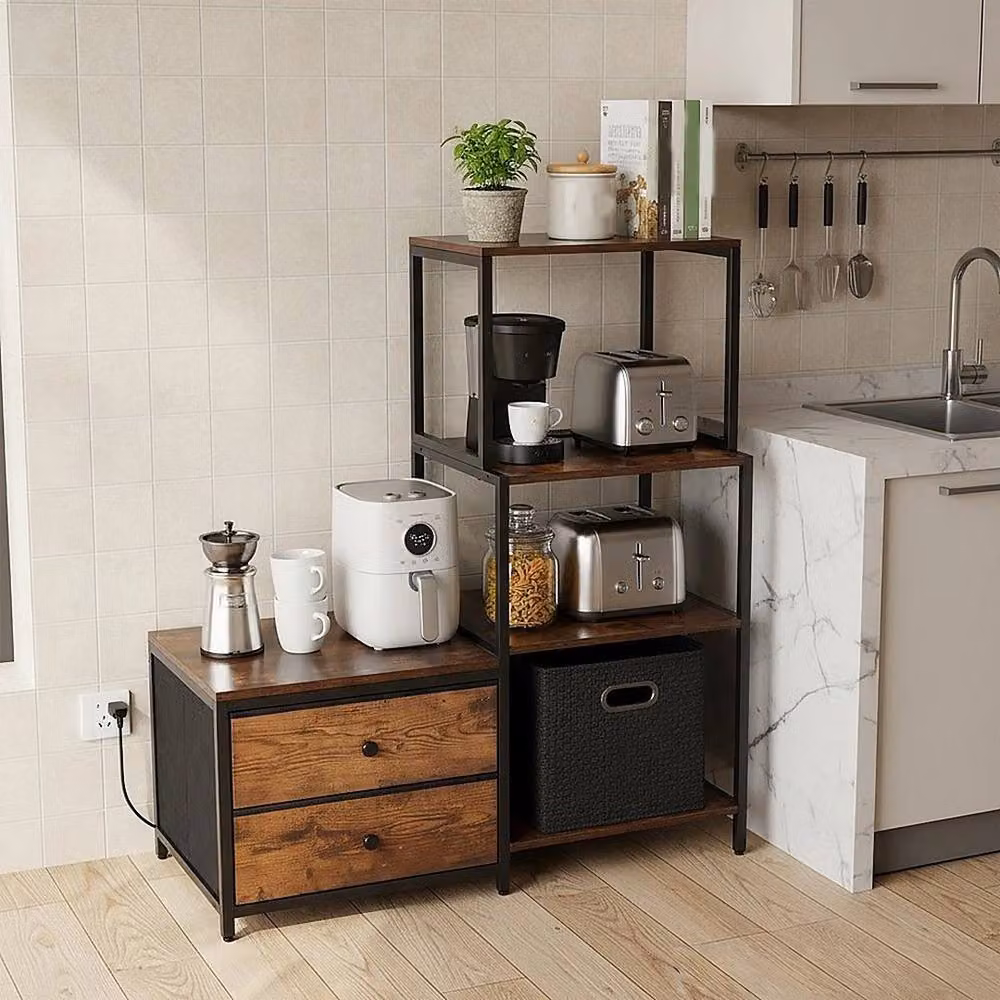 KORVIXA 4 Tier Kitchen Bakers Rack Storage Shelf in Brown, W/D/H: 100 x 100 x 117.5 cm – 4
