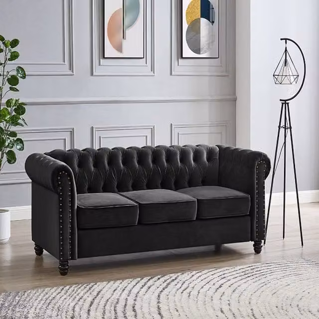 Home Detail Chester 3 Seater Black Velvet Chesterfield Sofa