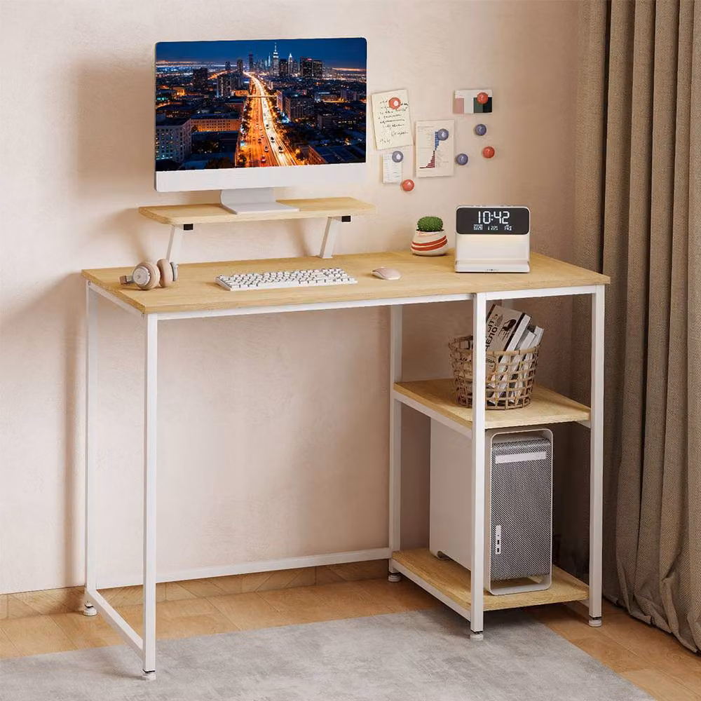 Levede Modern Computer Desk with Monitor Stand and Storage Shelves, Oak and White, W/D/H: 100 x 50 x 76 cm – 2