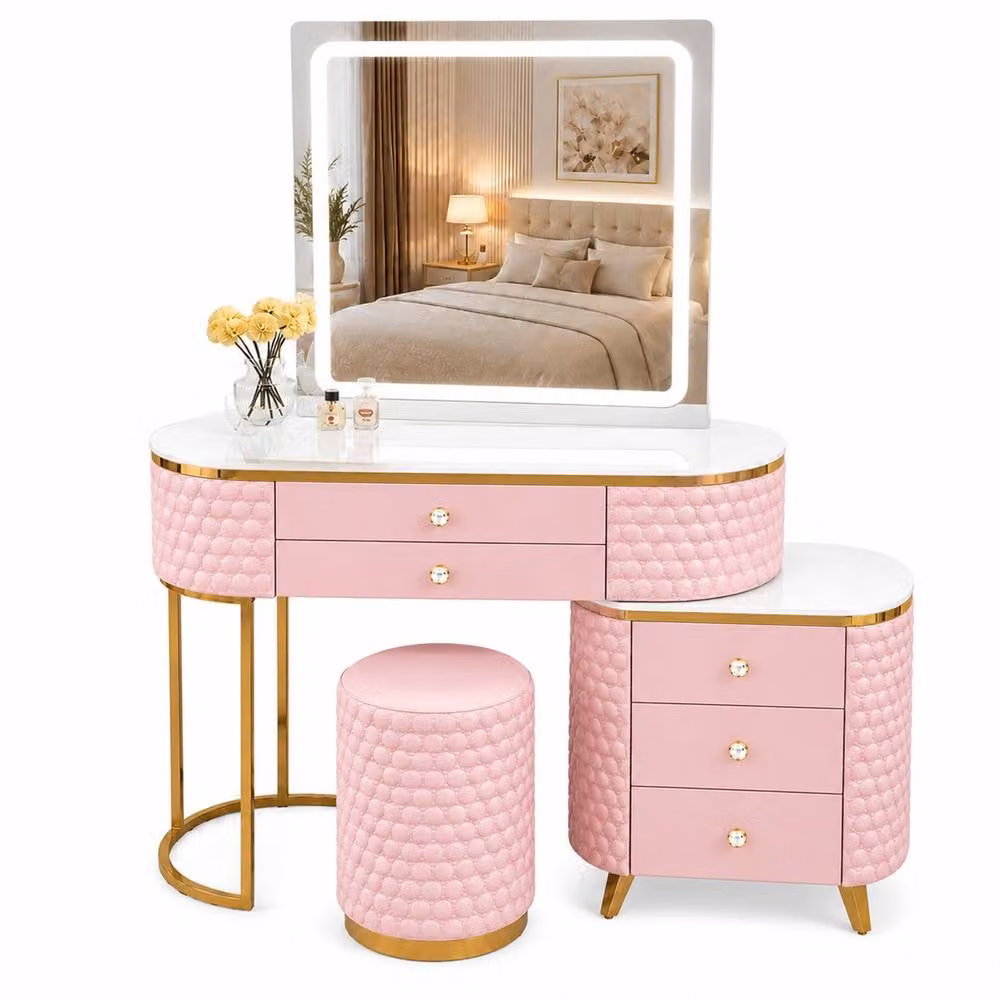 Sliding Wardrobes 4U Modern Pink Dressing Table Set with LED Mirror, Stool and Storage Cabinet, Width: 130 cm – 2