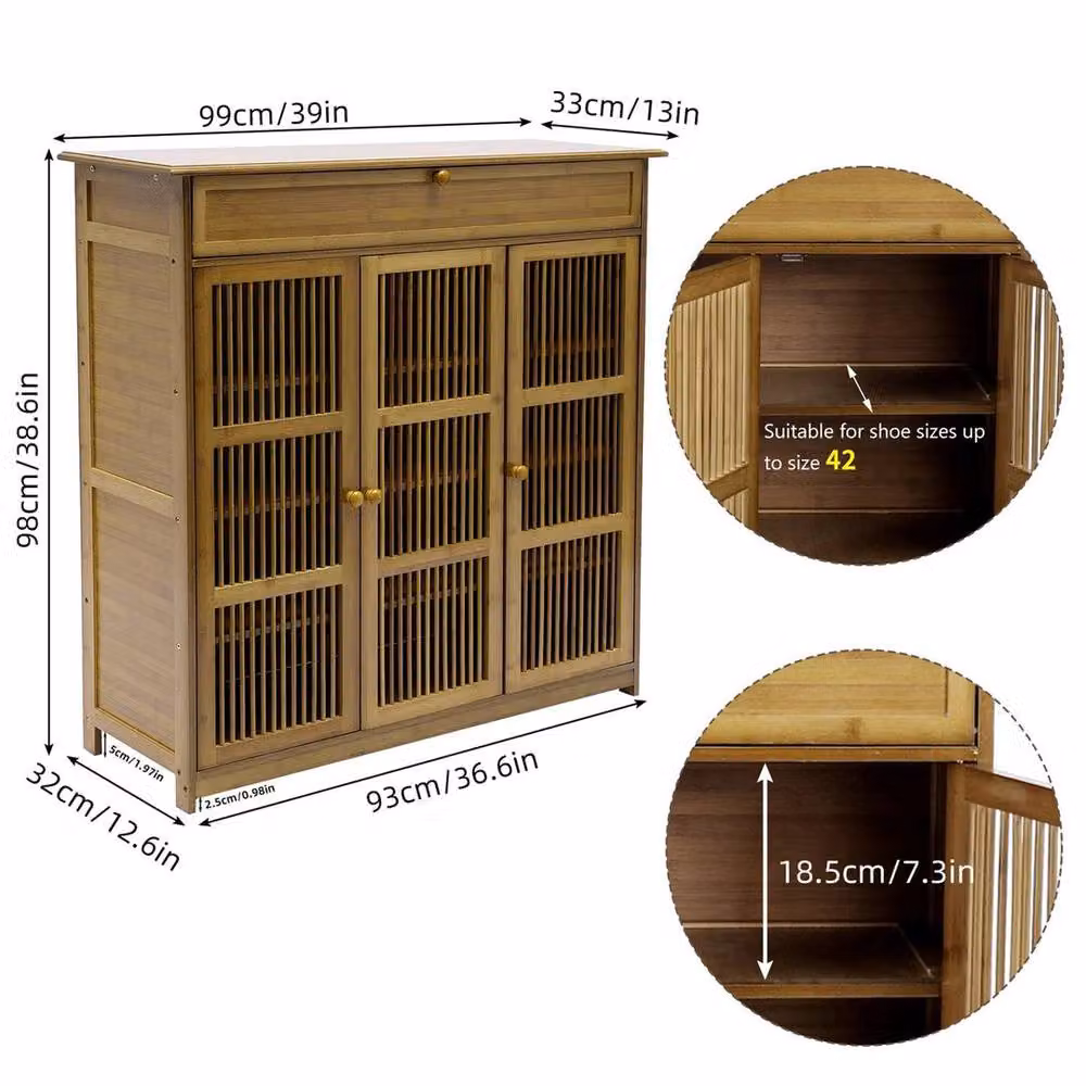 Kelvenix Bamboo Tall Shoe Cabinet in Brown with Hinged Doors and Internal Shelves – 2