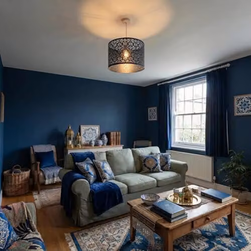 Happy Homewares Moroccan Blue Metal Circular Pendant Light Shade with Floral Decoration, Diameter: 29 cm – 2