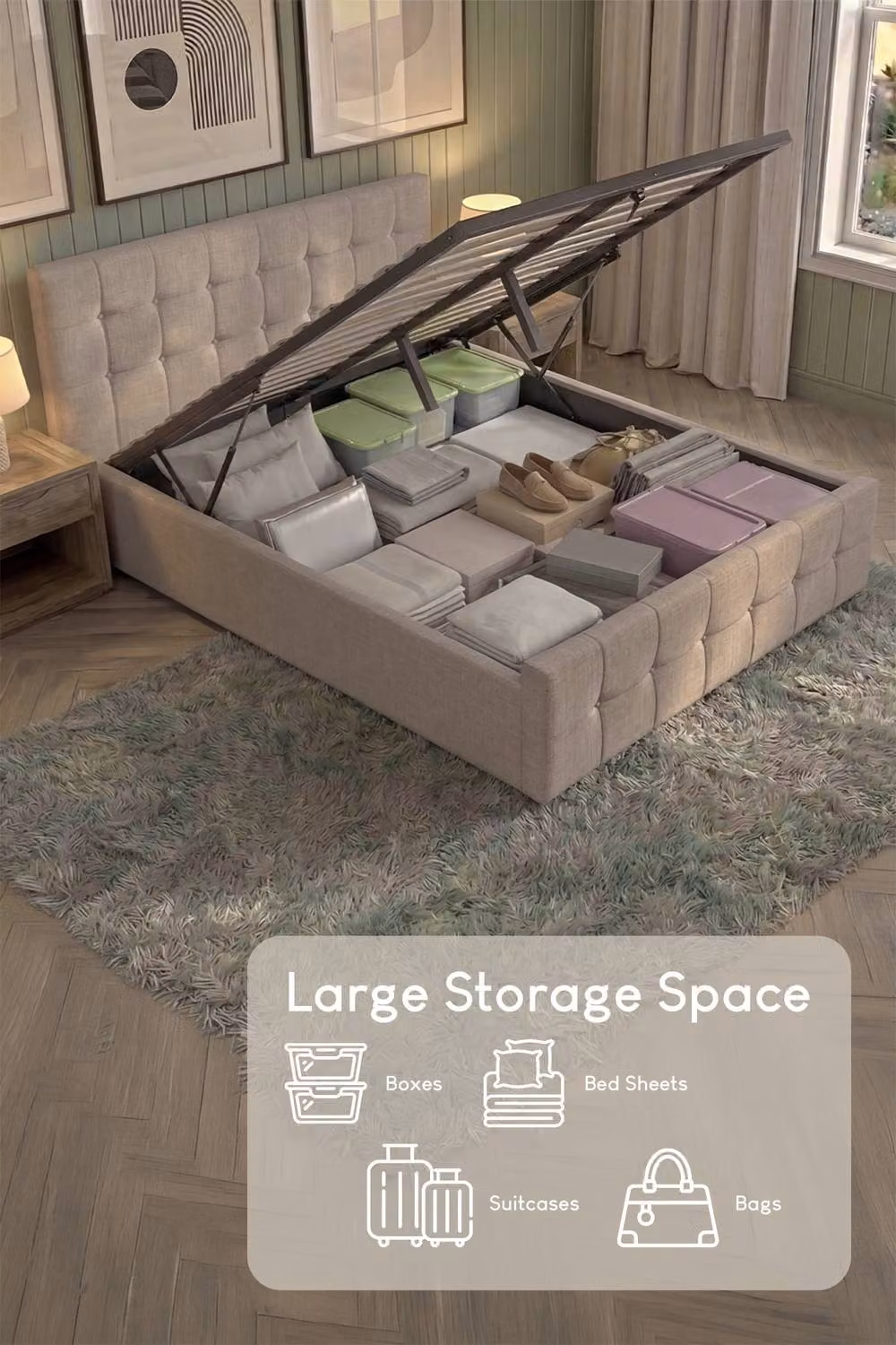 Vida Designs Valentina King Ottoman Bed Frame in Beige Linen with Lift Up Storage Base – 2
