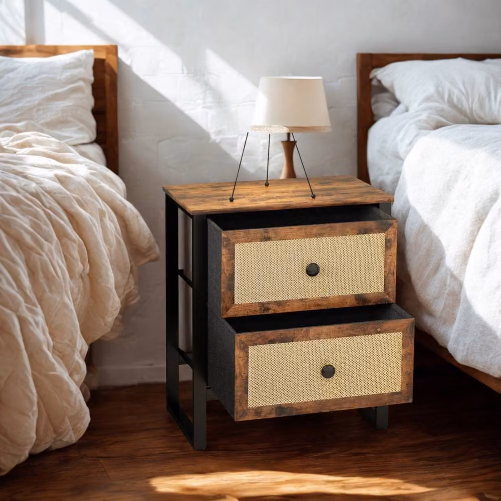 FURNOS Industrial Bedside Table Nightstand with 2 Drawers in Brown – 3