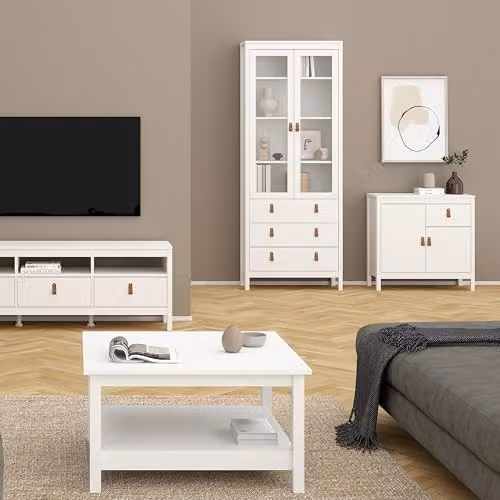 Furniture To Go Barcelona Modern China Cabinet with Glass Doors and 3 Drawers in White – 3