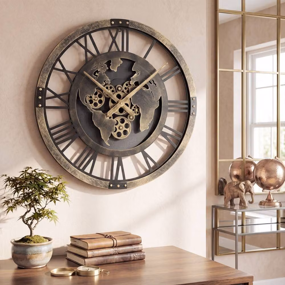Gymax Vintage World Map Decorative Gear Wall Clock in Brown, Diameter: 68 cm – 4