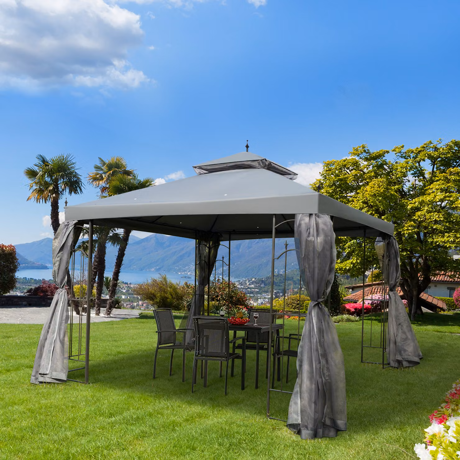 Outsunny Double Top Garden Gazebo with Mesh Curtains, Grey, W: 300 cm, D: 300 cm, H: 300 cm – 2