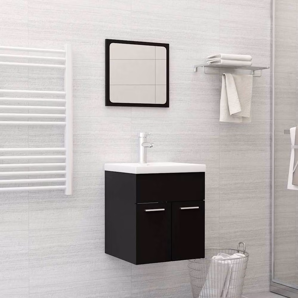 Berkfield Home Modern Black 2 Piece Wall Mounted Bathroom Furniture Set with Vanity Unit and Mirror Cabinet – 2