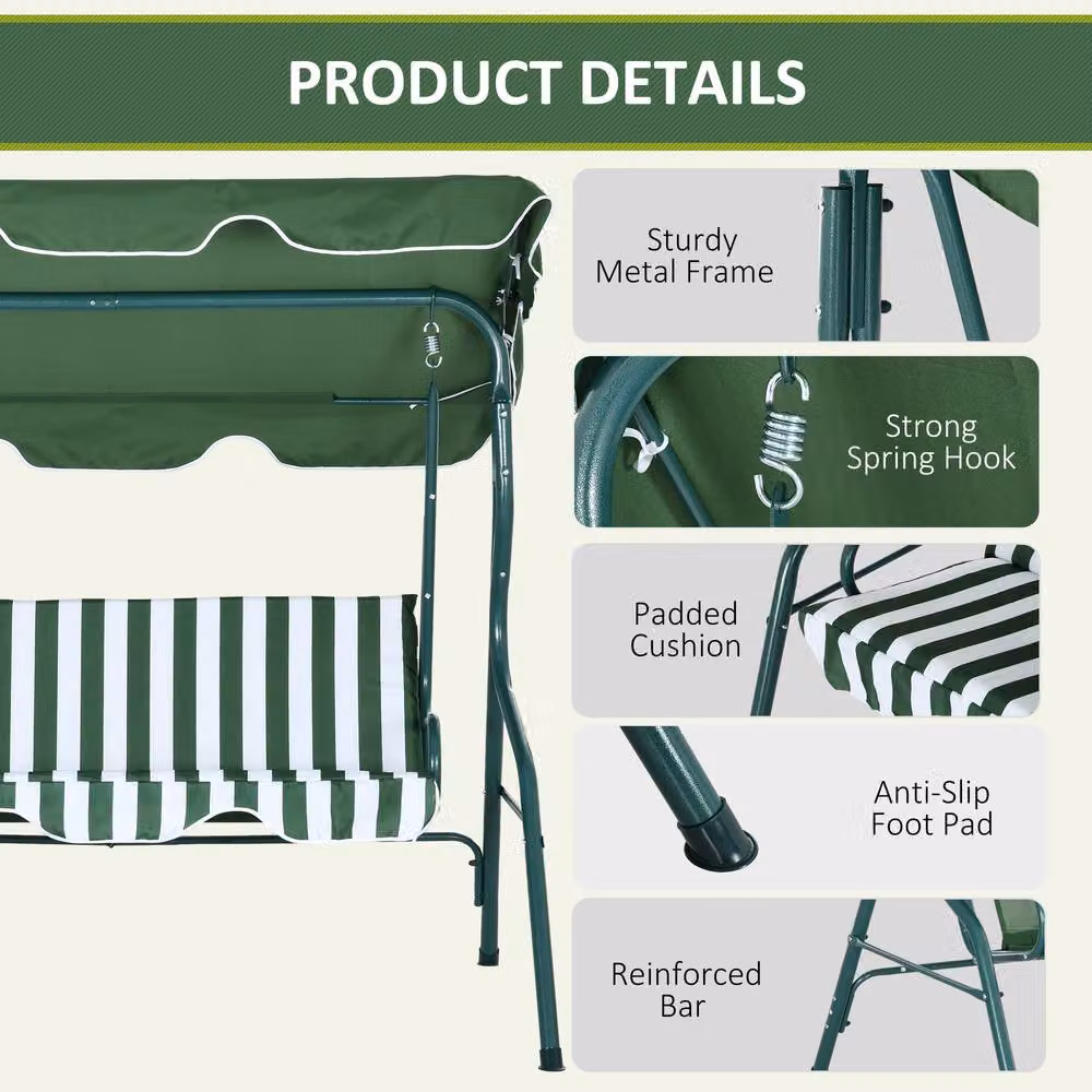 OUTSUNNY 3-Person Garden Swing Chair with Adjustable Striped Canopy in Green – 4