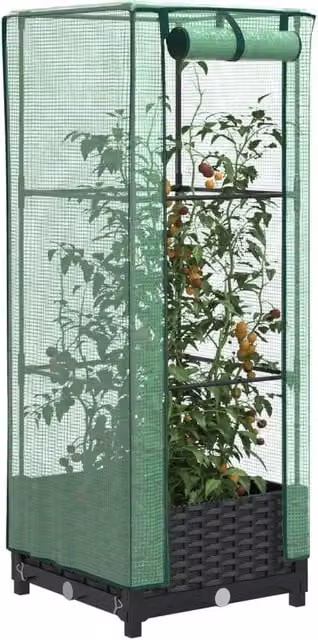 Berkfield Home Raised Bed with Greenhouse Cover in Black Rattan Look, W/D/H: 40 x 40 x 123 cm