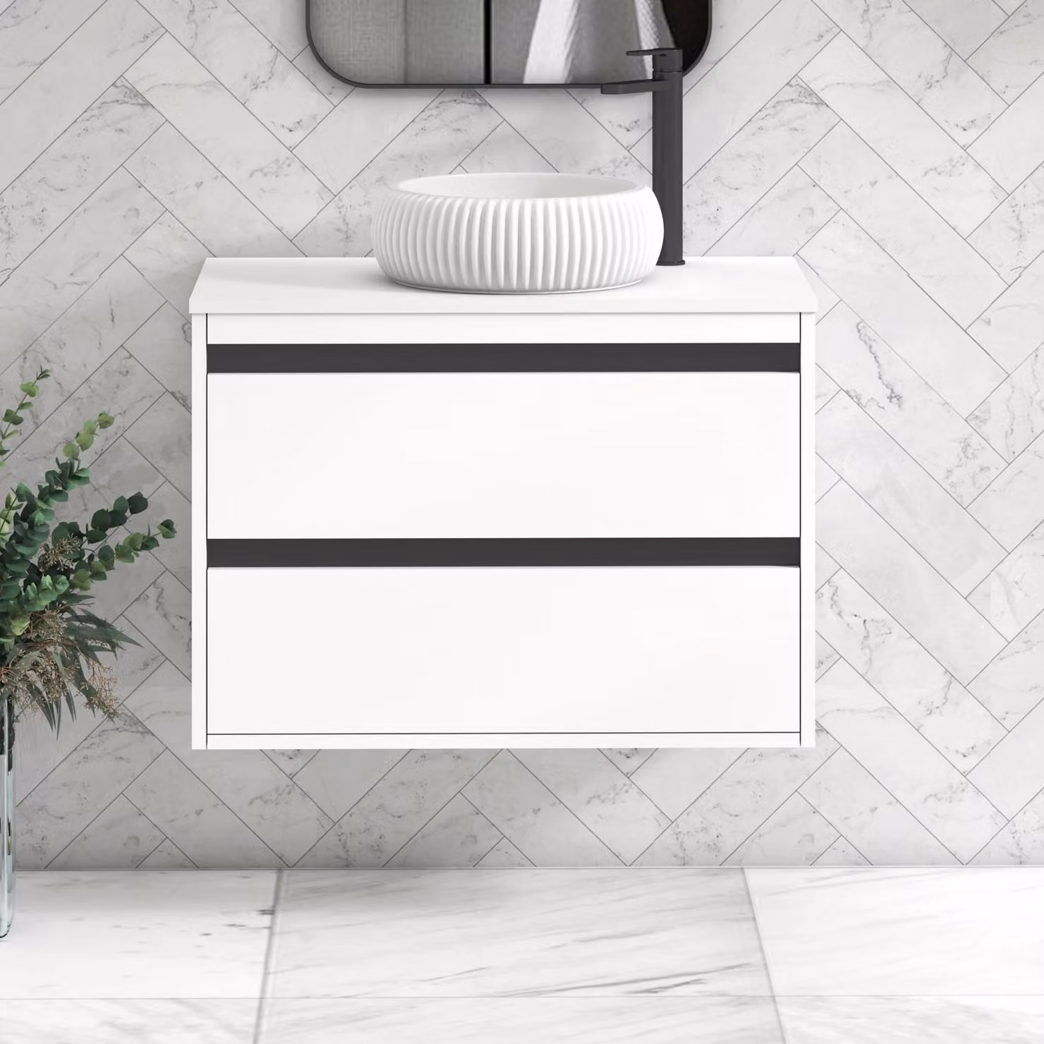Royal Bathrooms Orion 800mm Matt White Wall Hung Vanity Unit with Milan Basin and Black Accent Trim