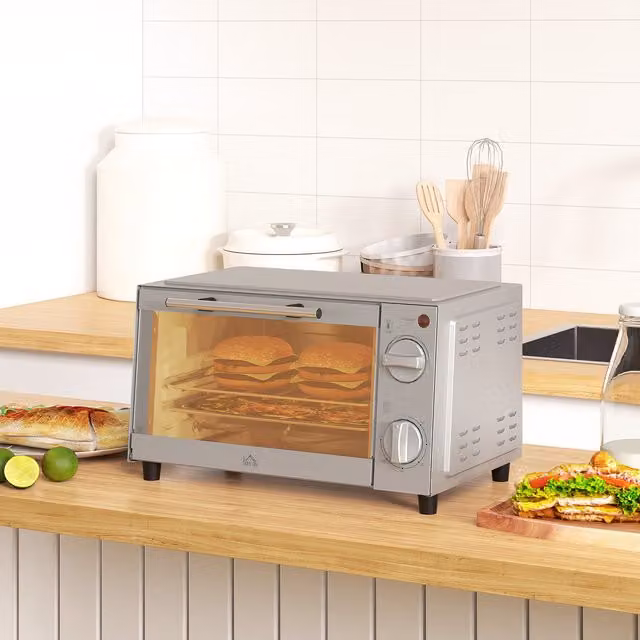 HOMCOM 9L Mini Electric Oven with Timer in Silver