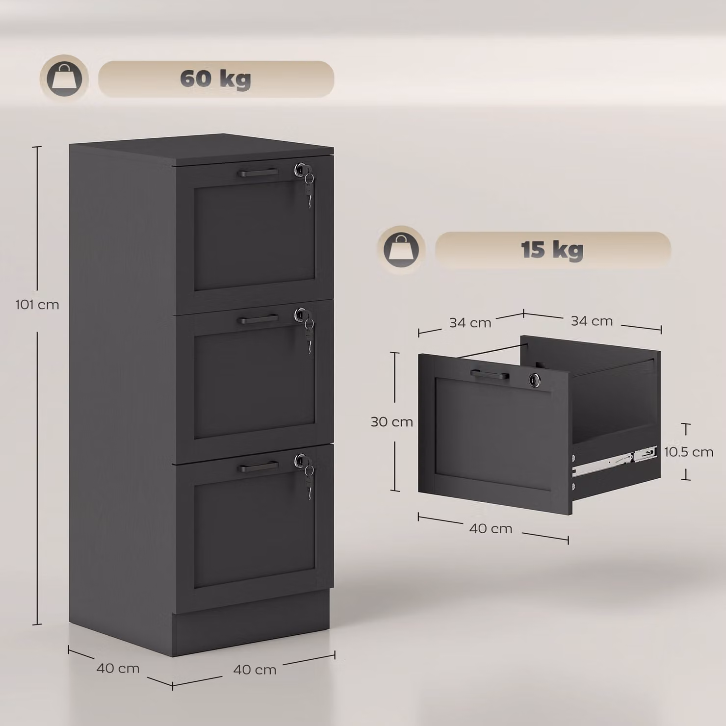 HOMCOM Modern 3-Drawer Filing Cabinet with Lock in Black Matt – 3