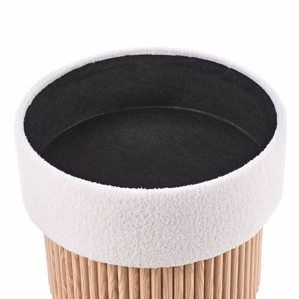 Wyld and Coco Off-White Bouclé Storage Pouffe with Oiled Wood Base – 3
