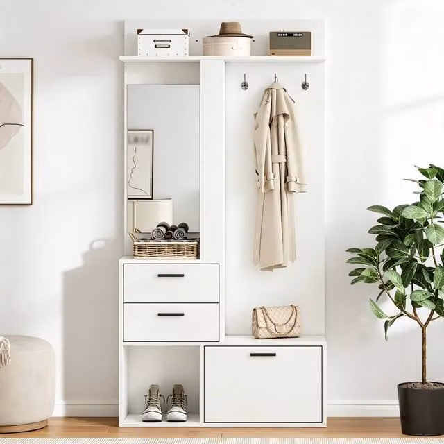 Merax Modern White Hall Tree Hallway Storage Unit with Mirror, Hooks and Shoe Cabinet, H 180 x W 80 x D 30 cm