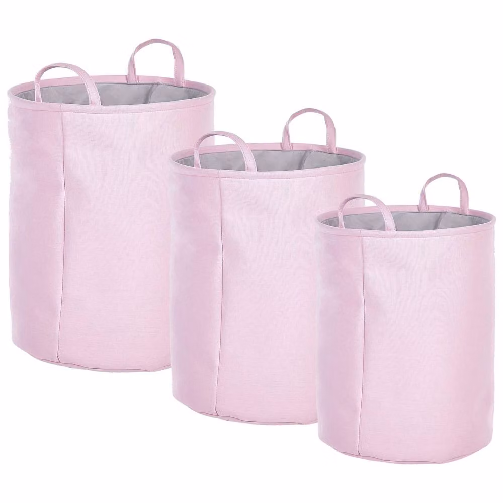 Wyld and Coco Pink 3-Piece Drawstring Storage Baskets in Woven Cotton-Polyester Fabric – 2