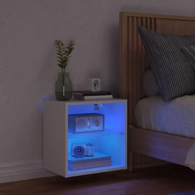 Berkfield Home Wall-mounted Decorative Bedside Cabinet with Integrated LED Lights, White, W/D/H: 40 x 28.5 x 28.5 cm – 1
