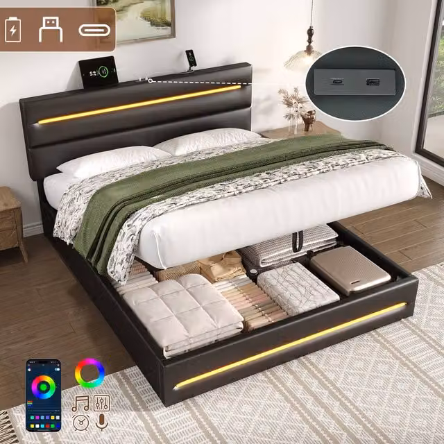 Matteo King Black Upholstered Bed Frame with Ottoman Storage, LED Lighting and USB Ports, W/D/H: 180 x 200 cm