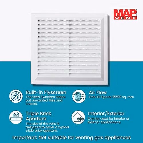 Map White Plastic Louvre Air Vent with Flyscreen and Triple Brick Grille Cover for Interior and Exterior Use, W/D/H: 22.9 x 22.3 x 2.3 cm – 2