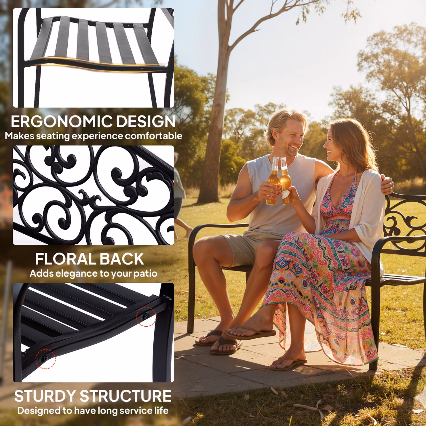 Outsunny Black Metal Garden Bench with Floral Backrest and Armrests – 5