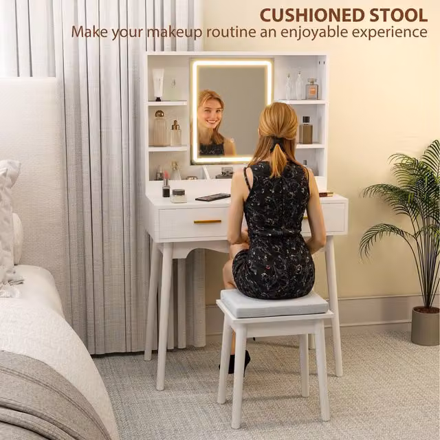 HOMCOM Hollywood LED Dressing Table with Mirror and Cushioned Stool in White and Gold