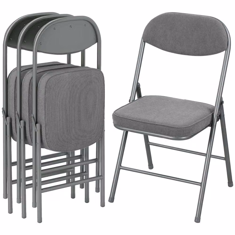 HOMCOM Set of 4 Grey Folding Chairs with Cushioned Fabric Seats and Steel Frame – 2