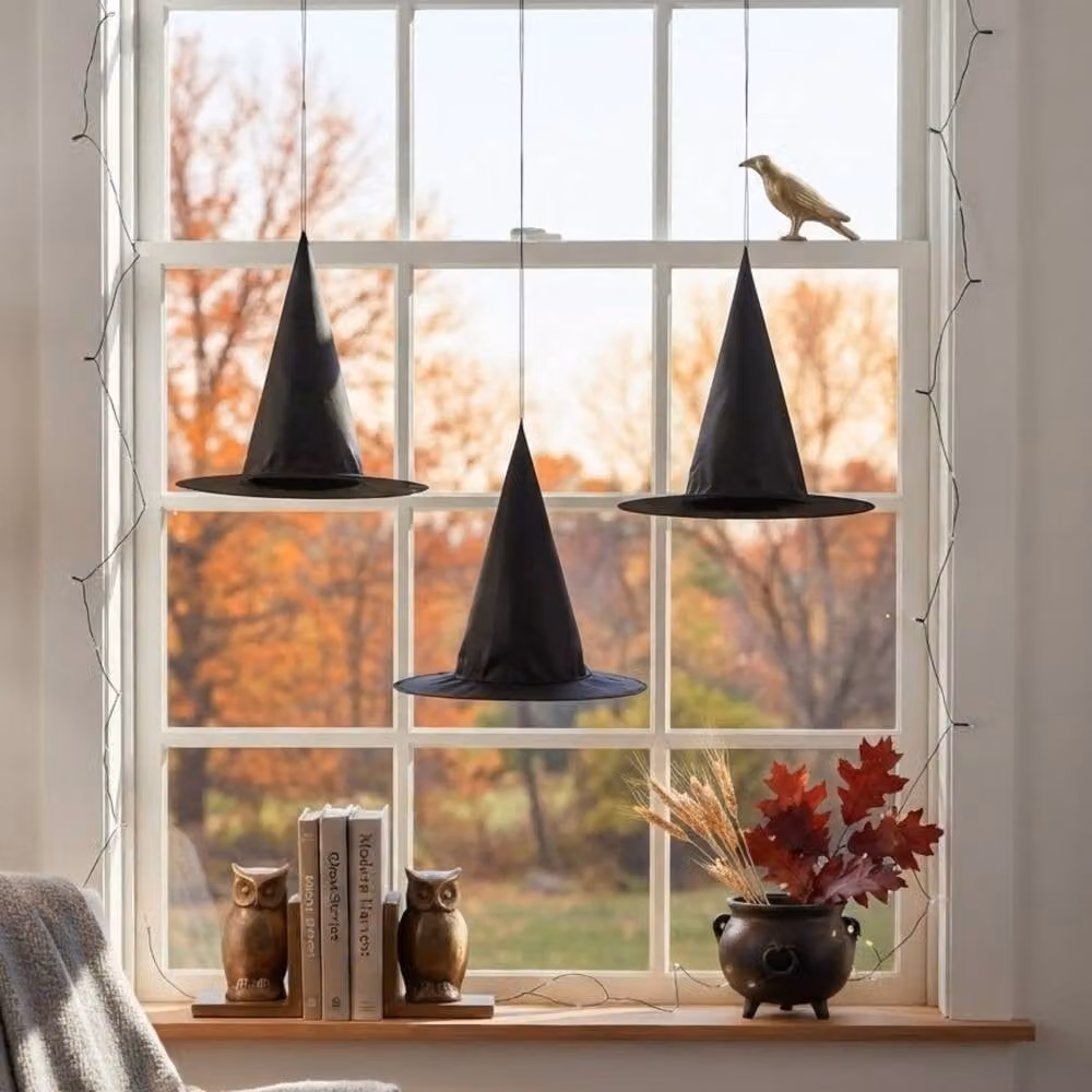 Garden Greatness 3 Pack Hanging Witch Hat Halloween Decorations in Black and Multicolour – 2
