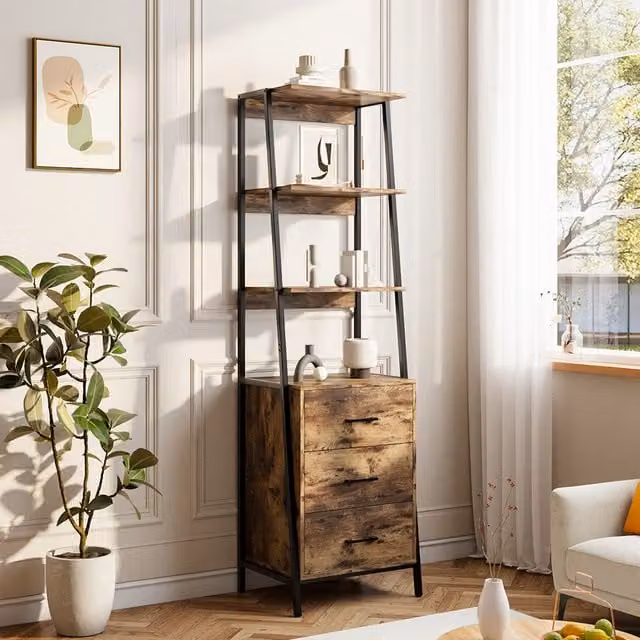 Komore Industrial Style Wood and Metal Bookcase with Storage Drawers in Brown and Black