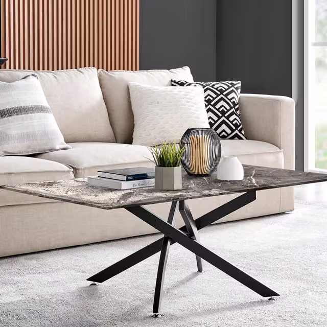 FurnitureboxUK Leonardo Coffee Table with Grey Marble Effect Glass Top and Black Metal X-Frame Legs