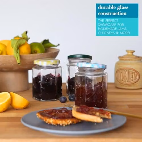 Argon Tableware Set of 6 Hexagonal Glass Jam Jars with Gold Screw Top Lids, 250ml – 1