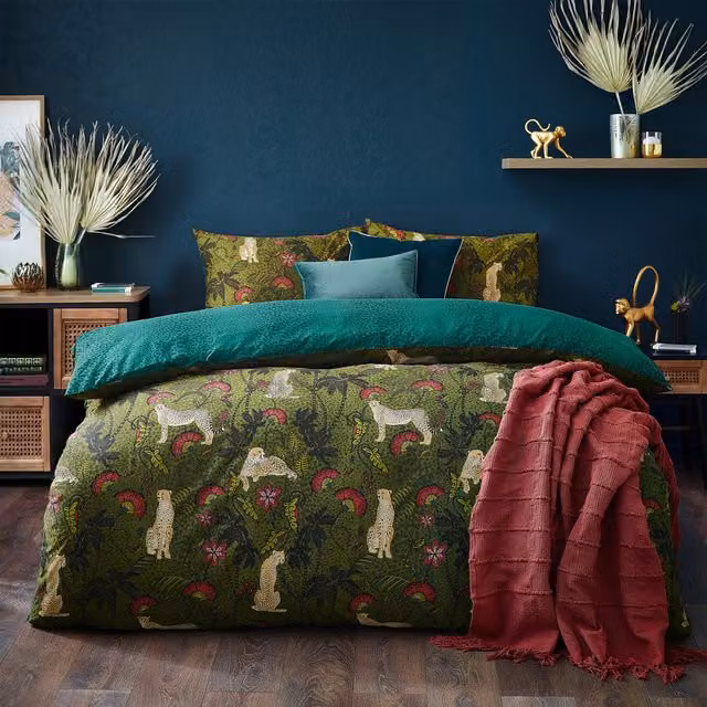 Make it a Home Tropical Cheetah Botanical Reversible Duvet Cover Set in Moss and Teal