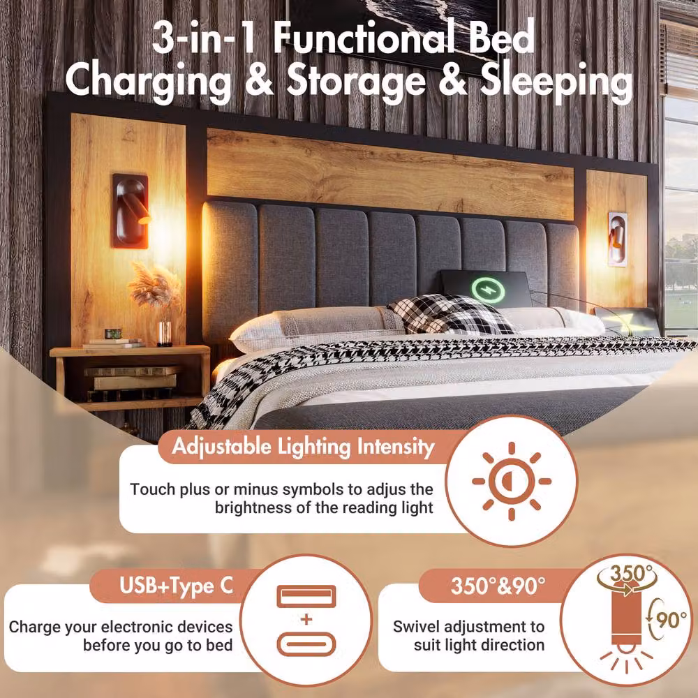 Merax Oak King Upholstered Bed in Grey with Lift-Up Storage, Integrated Reading Lights, Bedside Shelf and USB Charging Port, W/D/H: 150 x 200 cm – 6