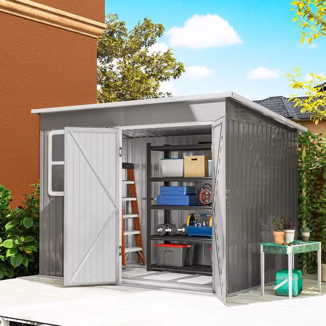 Outsunny Metal Pent Garden Shed with Foundation Kit and Window, Grey